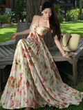 KYLETHOMASW  -  Elegant Floral Print Long Dresses for Women Sexy Backless Lace-up Party Dress Summer Holiday Beach Pleated A-line Vestidos Robe