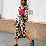 KYLETHOMASW  -  Spring Summer New Long V-neck Loose Lantern Sleeve Leopard Print Straight Cut Dress Women's Midi Dress Comfortable Breathable
