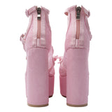 KYLETHOMASW  -  Women Sweet Lolita Floral Lace Platform Block Heel Pumps Triple Satin Mary Jane Straps Bow Round Toe Back Zip High Heels