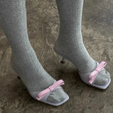 KYLETHOMASW  -  Buttefly Knot Shallow Slippers Sexy Square Toe Thin Heel Slip On Solid New Arrivals Fashion Women Modern Shoes