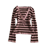 KYLETHOMASW  -  Women's Y2K Striped Deep V-neck Form-fitting Flared Sleeve Autumn/Winter Top Retro Casual 2000s Punk Sweet Cool Pullover Shirt