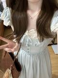 KYLETHOMASW  -  French Retro Fairy Style Small Flying Sleeves Summer New Korean Temperament Lace Bow Blue Forest Style Dress Women