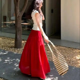KYLETHOMASW  -  Red High Waist A-Line Skirt French Elegant Pleated Long Skirt Women Summer Loose Fashion Club Party Maxi Skirt Mujer Faldas 381A