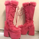 KYLETHOMASW  -  New Winter Women Snow Boots Platform Wedge High Heel Faux Fur Lady Shoes Female Plush Warm Non-slip Mid Calf Boots Goth Shoes