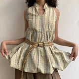 KYLETHOMASW  -  New Chinese Style Vintage Jacquard Stand up Collar Flower Bud Tank Top Women Clothing Summer Striped Slim Sleeveless Women Tops