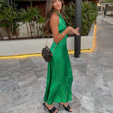 KYLETHOMASW  -  Elegant Satin Maxi Dresses For Women Birthday Party Sexy Chest Wrap Backless Bandage Halter Long Dress Club Evening Robe Summer