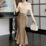 Kylethomasw Spring New Korean Strapless Lace Splicing Casual Long-sleeved T-shirt Women + Pleated Sexy Fishtail Skirt Two-piece Suit