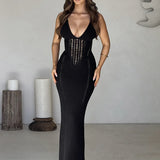 KYLETHOMASW  -  Sexy Style Backless Tie Up Long Dress Summer Pool Party Beach Vacation Slip Dress Fashion Knitting Hollow Out Beachwear Cover Up