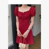KYLETHOMASW  -  Women's Cleanfit A-Line Dress Summer 2025 Orange Bells Design Slimming Waist Square Collar Bubble Sleeve Fashionable Dress
