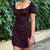 KYLETHOMASW  -  French Retro Black Print Bow Square Collar Short Elastic Puff Dress Women Zipper Back Slim Waist Slit Hem Mini Dresses Robe Blue