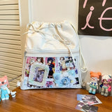 KYLETHOMASW  -  Portable Transparent Pocket Drawstring Backpack PU Lightweight Itabag Handheld Bag Large Capacity Shoulder Bag Casual