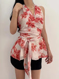 KYLETHOMASW  -  2025 Korean Floral Print Neck Hanging Chiffon Floral Shirt Women Summer New Retro Western-style Cross Tie Vest Top