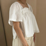 KYLETHOMASW  -  Y2K Aesthetic Fairy Blouse Chic Women's Summer Lace Trim Tops Short Sleeve Square Neck Button Up Babydoll shirt Streetwear