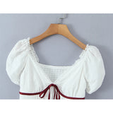 KYLETHOMASW  -  New Contrasting Bow Lace Trim White Blouse Women Sexy V Neck Puff Sleeve Slim Summer Crop Top