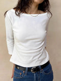 KYLETHOMASW  -  Solid Basic Three Quarter Sleeve T-shirts Woman Autumn Slash Neck Cotton Slim Crop Top Female Casual Simple All-match Tee Shirts