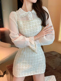 KYLETHOMASW  -  Elegant Plaid Mini Dress Sweet Casual Chic Flare Long Sleeves Chiffon Patchwork Birthday Party Short Dresses Female Clothing New