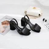 KYLETHOMASW  -  Fashion Asymmetrical Geometric Decor Women Sandals Summer Comfortable Thick High heels White Leather Slingbacks Female Shoes