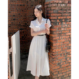 Kylethomasw Elegant White Midi Dress Women with Belt Fashion Short Sleeve Shirts Dresses Summer Korean Aesthetic Single Breasted Vestidos