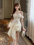 KYLETHOMASW  -  French Hottie Vintage Elegant Women 2 Piece Set Y2k  Design Lace Tops + Chic Bow Mini Skirt  Female Princess Party Dress Outfits