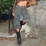 KYLETHOMASW  -  American Retro Cargo Denim Shorts Vintage Camouflage Print Loose Drawstring Short Pants Y2k Aesthetic Cyber Grunge Streetwear