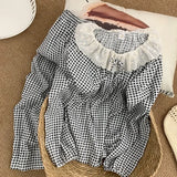 KYLETHOMASW  -  Lace Crew Neck Plaid Flower Print Pajamas Set Loose Casual Korean Sweet Plus Size Women's Pajamas Autumn Winter New Loungewear