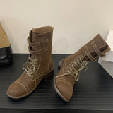 KYLETHOMASW  -  Fashion Design Narrow Band Lace-up Women Knee-High Boots Vintage Spring Autumn Round Toe Square Low Heels Shoes