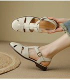 KYLETHOMASW  -  Sandals Women Low Thick Heel Genuine Leather Hook and Loop Back Strap Casual Sandals Summer Solid Color Shoes Fashion New