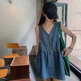 KYLETHOMASW  -  Biyaby Sleeveless Strap Dress Women Summer Single-Breasted Pockets Denim Dresses Woman Korean Style Loose A Line Mini Dress