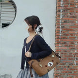 KYLETHOMASW  -  Japanese Sweet Cute Bear Tote Bag Women Brown Leather Large Capacity Shoulder Bag Ladies Cartoon Versatile Preppy Style Handbag