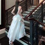 KYLETHOMASW  -  White Long Dresses Ruffles Solid Halter Sleeveless Spring Summer Sweet Vestidos Korean Fasion Elegant Women Dress