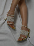 KYLETHOMASW  -  Brand Desigh New Gold String Bead Pearl Wrap Slip On Thin Heels Party Summer Sandals Women Elegant Bride Wedding Dress Shoes