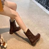 KYLETHOMASW  -  Women's Cowboy Boots Mid Calf Boots Western Short Embroidered Round Toe Low Heel Slip on Comfort Dress Slouchy Booties