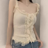 KYLETHOMASW  -  Korean Lace Patchwork Knitted Vest Women Summer New Style Niche Age Reducing Outerwear Short Ice Silk Camisole Top