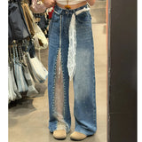KYLETHOMASW  -  Women Jeans Pants Baggy Jeans Flare Trousers Lace Applique Crystal Wide Leg Jeans Pearl Slit Distressed Design Denim Pants