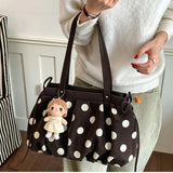 KYLETHOMASW  -  Polka Dot Canvas Tote Bag Pleated Drawstring Design Large Capacity Women Shoulder Bag Casual Daily Shopping Travel Handbag