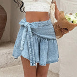 KYLETHOMASW  -  Blue Wrap Denim Mini Skirt Women Casual Ruffle Bow Tie Summer New Vacation Beach Aesthetic Streetwear