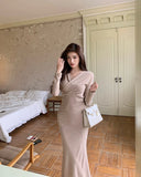 KYLETHOMASW  -  V Neck Bandage Dress Women Long Sleeve Lace-Up Midi Dress Korean Fashion Slim-Fit Stretch Long Dresses Female Vestidos Mujer