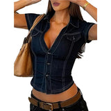 KYLETHOMASW  -  Women's Denim Look Shirt V Collar Three Button Cardigan Casual Long Sleeve Blouse Office Chic Top
