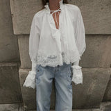 KYLETHOMASW  -  Women French Style White Blouse Lace Splicing Patchwork Shirt Elegant Flare Bell Sleeve Long Sleeve Casual Ladies Daily Tops