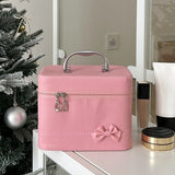 KYLETHOMASW  -  Pink Bow PU Leather Makeup Bag Alloy Handle Portable Skincare Product Storage Box Waterproof Large Capacity Handheld Makeup Case