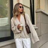 KYLETHOMASW  -  Solid V Neck Single Breasted Knit Cardigan Pocket Front Drop Shoulder 2025 Autumn Casual Women Coat Daily Cozy Chic Lady Sweater