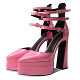 KYLETHOMASW  -  Red Black Patent Leather Pointed-Toe Platform Pumps Multi-Strap Design Gold Buckles Chunky Block Heel Elegant Looks for Women