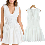 KYLETHOMASW  -  French Indie Folk Elegant White Lace Embroidery Lace V-neck Cotton Sleeveless Dress For Women White Tank Dress