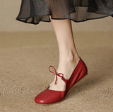 KYLETHOMASW  -  Women's Bow Square Toe Mary Jane Flat Shoes Genuine Soft Leather Low Heel Soft Sole Silver Spring Summer New Style