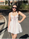 KYLETHOMASW  -  New Cream Pink Floral Halter Corset Mini Dress Lace Up Back Bow Tie Sweetheart Neck Ruffle Hem Lolita Fashion Dresses