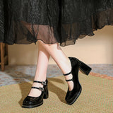 KYLETHOMASW  -  Shallow Mouth High Heel Leather Shoes Slip On Mary Jane Chunky Sandals Increasing Height Clogs for Women Lace-Up Navy Blue Pumps