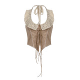 KYLETHOMASW  -  Western retro suede lace patchwork strap irregular short top American spicy girl niche sexy hanging neck vest