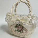 KYLETHOMASW  -  Sweet Cute Lolita Woven Handbag Women Lace Trim Embroidered Flower Exquisite Small Bag Ladies  Elegant Casual Style Gentle Purse