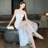 KYLETHOMASW  -  French Luxurious Heavy Craftsmanship Elegant Vacation Evening Dress Women's Lace Off-Shoulder Tulle Backless Long Dress High-end