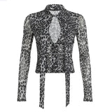 KYLETHOMASW  -  Printed irregular low cut scarf tie T-shirt pure desire style thin mesh top with breasted mesh